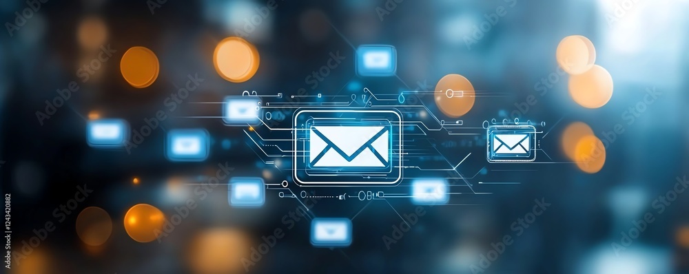 Poster a modern digital communication concept featuring illuminated email icons and soft bokeh lights, repr