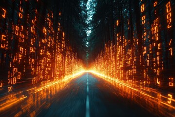 Abstract view of a luminous pathway lined with cascading numbers in a forest setting