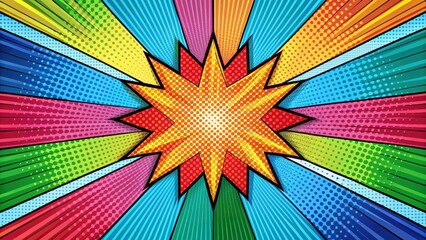 Colorful comic book style strip art design on a radial backdrop with bold geometric shapes and vibrant colors, Geometric Shapes, Graphic Novel Style
