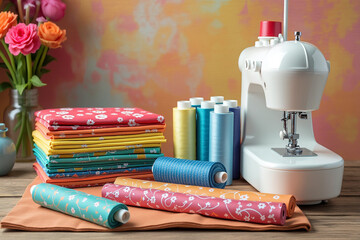 Rolls of fabric, threads, flowers and sewing machine placed on a wooden table with a bright background.