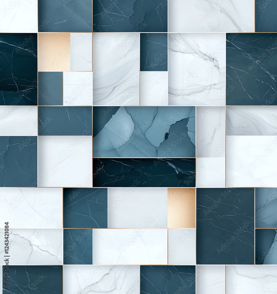 Poster a modern marble mosaic featuring a blend of deep blue and white tones, creating an elegant and styli