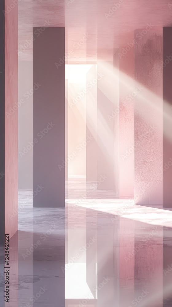 Poster modern minimalist architecture with pale pink and gray beams illuminating a serene reflective floor 