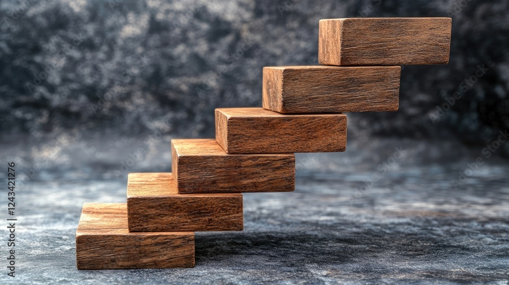 Poster abstract representation of business growth with stacked blocks forming an ascending staircase.