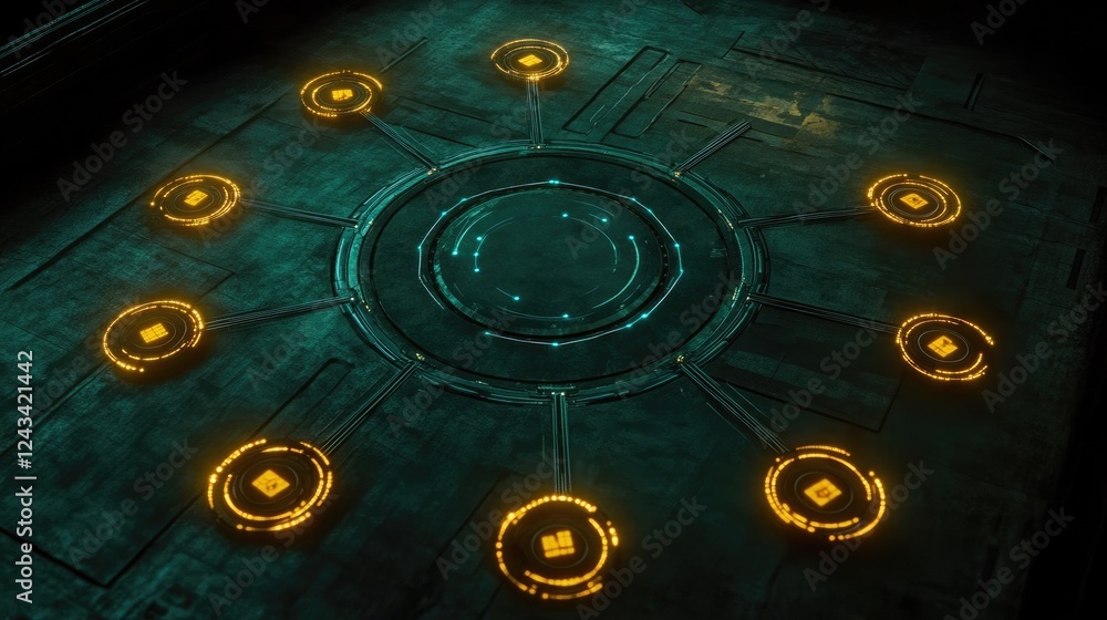 Aufkleber a circle of glowing network nodes connected by bright lines, symbolizing teamwork in a digital world