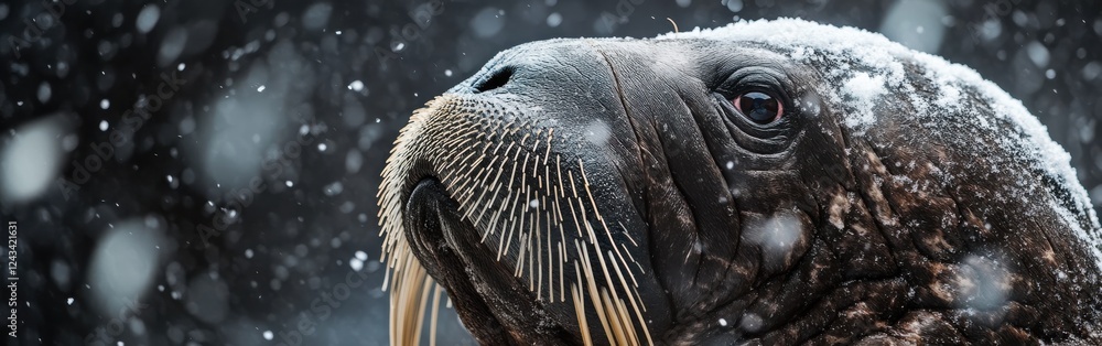 Poster Macro view of a walrus face showcasing whiskers and eyes in a snowy environment