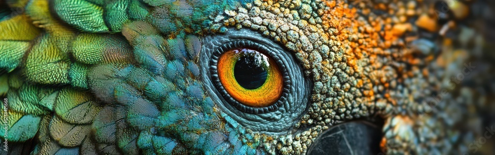 Poster Vibrant macro capture of parrot feathers showcasing intricate textures and vivid colors of nature's beauty