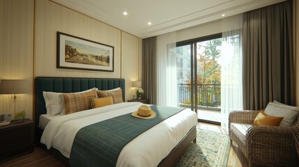 Elegant Teal and Gold Modern Bedroom Interior Design with Balcony View