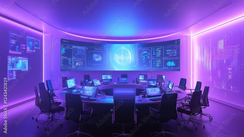 Poster a futuristic ai-driven business meeting setup with digital holograms and automated analytics.