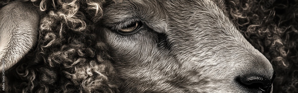 Poster curly wool and calm eyes of a sheep captured in soft sunlight highlighting its features brilliantly