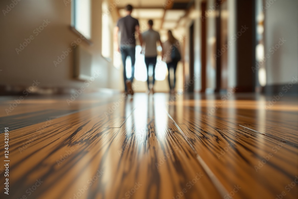 Poster close-up of polished wooden floor in a bright hallway with blurred figures walking in the background
