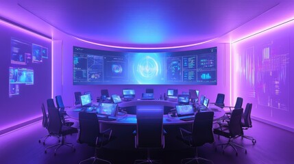 A futuristic AI-driven business meeting setup with digital holograms and automated analytics.