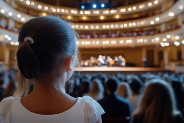 Fototapeta premium A young girl with a look of wonder and joy is captivated by a live musical concert, reflecting innocence and the magic of music in a shared experience.