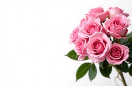 Mono bouquet of pink roses on white background with space for text, card template