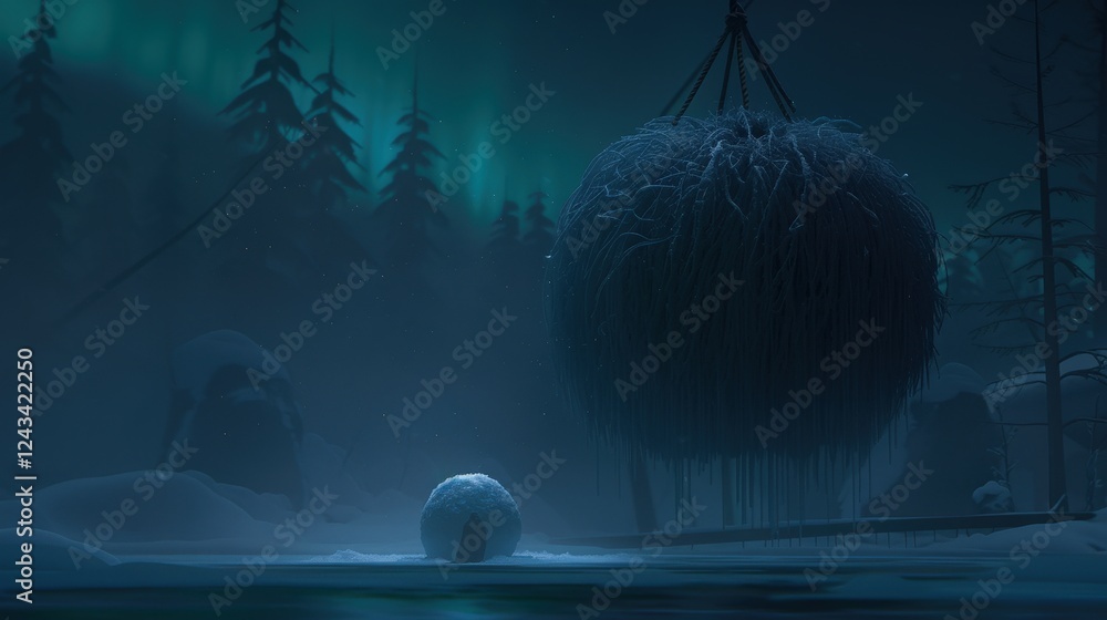 Poster a serene winter scene with a large snowball and a suspended spherical object under a mesmerizing aur