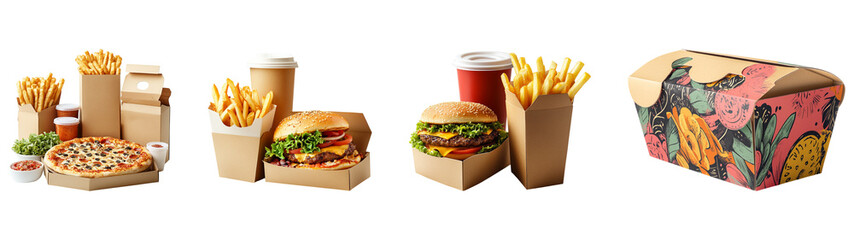 Fast Food Packaging: Burgers, Fries, Pizza, and Drinks in Stylish Cardboard Containers