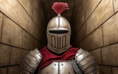 Naklejka premium A grand full-body display of a medieval knight in complete, highly detailed armor