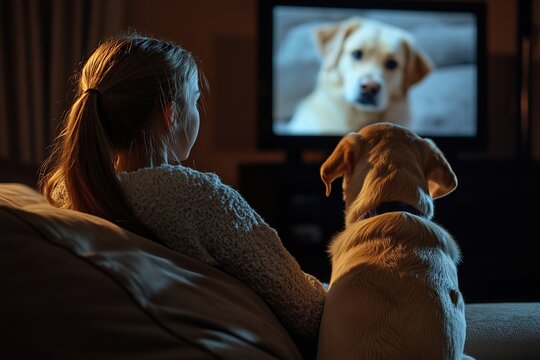 Young girl with her labrador dog watching TV at home
