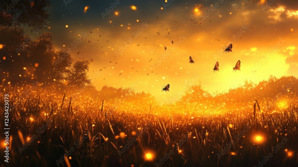 Aufkleber dynamic open field with fluttering insects illuminated by a radiant seasonal sky at sunset