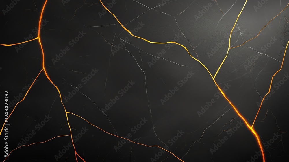 Poster a striking image featuring complex patterns of black and vivid orange lines on a dark background, pe