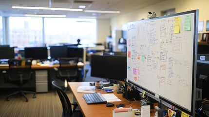 Collaborative office space with multiple desks facing a shared whiteboard filled with project notes.