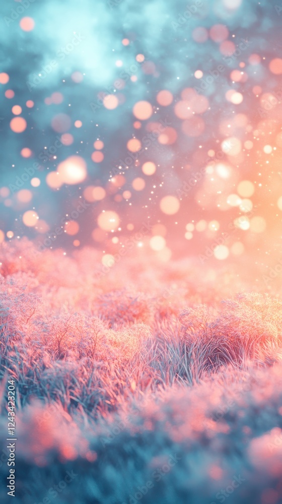 Leinwandbilder dreamy field of aqua-colored grass illuminated by coral and peach light gradient with enchanting bok