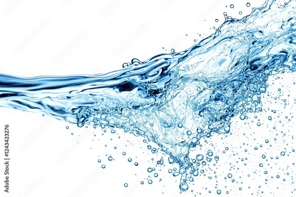 Poster close-up of a vibrant blue water splash with floating bubbles and dynamic movement on a white backgr