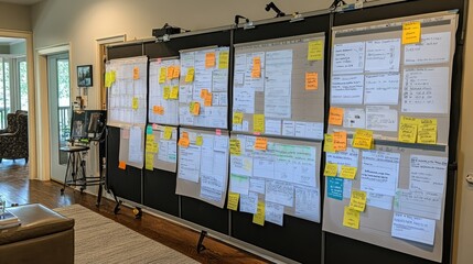 Content marketing strategy board with blogging ideas, video marketing goals, and engagement tracking.