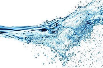 Close-up of a vibrant blue water splash with floating bubbles and dynamic movement on a white background, representing freshness and fluidity. Ai generative