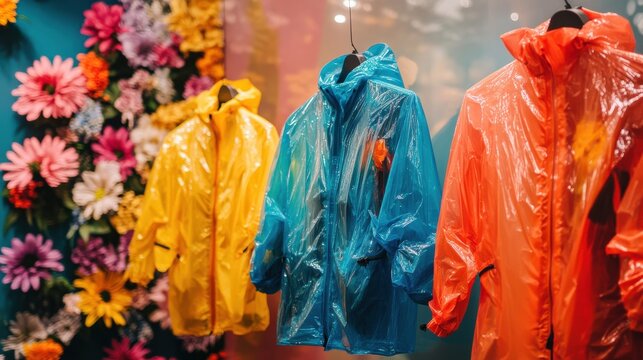 Eco-friendly raincoats made from recycled plastic bottles showcased in a vibrant spring setting
