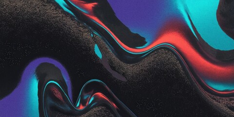 Obraz premium Abstract Textured Background with Grainy Iridescent Gradient in Vibrant Black, Sapphire, Slate, Vermilion Organic Shapes, Dark Modern Psychedelic Design