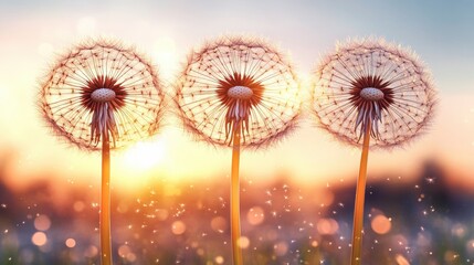 Three Dandelions at Sunset, Soft Light, Warm Colors, Nature Photography