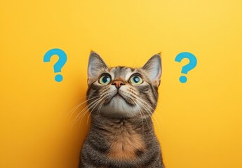 Obraz premium Curious Cat Looking Upward Against Bright Yellow Background with Blue Question Marks Symbolizing Wonder and Inquisitiveness