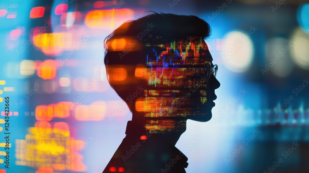 Poster confident trader profile blended with financial data and modern trading environment in a dynamic set