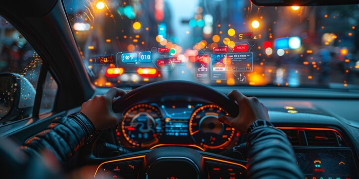Futuristic car interior with augmented reality HUD display, glowing dashboard, and a driver navigating