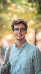 Obraz premium Vibrant minimalist portrait of a young man in a sunny urban setting during autumn