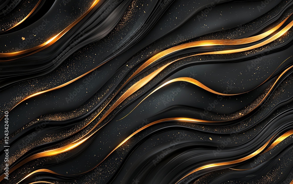 Poster a stunning abstract background featuring elegant black waves intertwined with shimmering gold accent