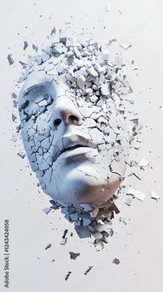 Poster fragmented head sculpture representing the overwhelming effects of information overload, stress, and