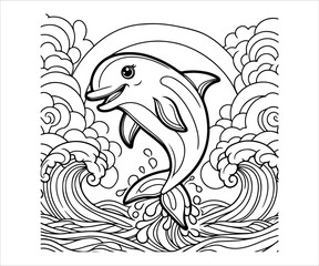 Dolphin in the sea. Coloring book for adults. Vector illustration.