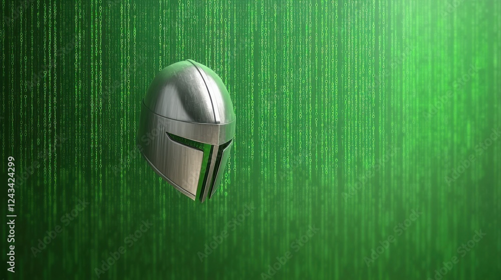 Poster a polished medieval knight helmet floating against a backdrop of cascading green digital code
