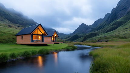 Fototapeta premium Remote cabins nestled by a tranquil river amidst mountains at dusk