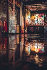 Obraz premium Graffiti-covered bar interior, wet floor reflection, urban nightlife