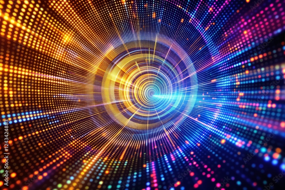 Poster circular digital tunnel with glowing pixelated lights in blue, orange, and purple tones, creating a 