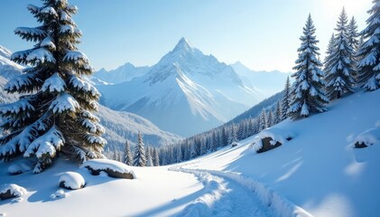 Fototapeta premium A blanket of snow covering a mountainous terrain with trees and rocks, tree branches, powder, snow