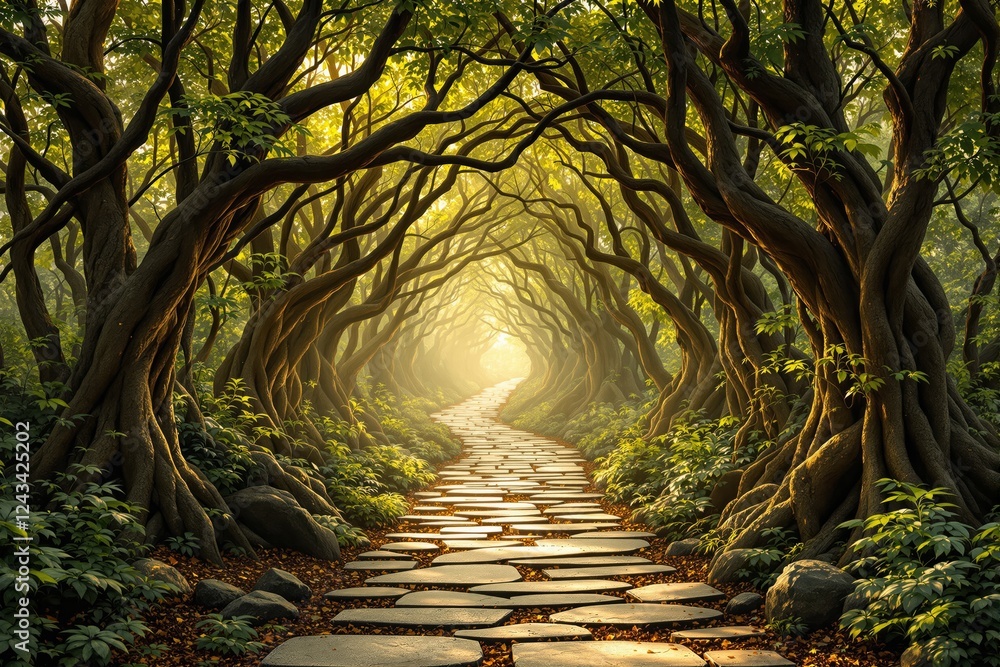 Poster mysterious stone path winding through an enchanted forest with twisted trees and golden sunlight in 