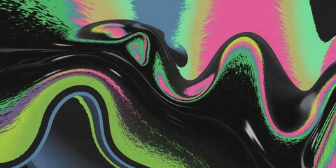 Obraz premium Abstract Textured Background with Grainy Iridescent Gradient in Vibrant Black, Chartreuse, Pink, Vermilion Organic Shapes, Dark Modern Psychedelic Design