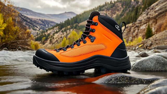 Outdoor hiking boot displayed prominently in a river setting with mountains and forest in the background