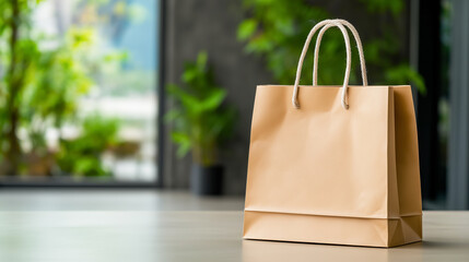 Retail shopping bags arranged in a contemporary setting with green foliage backdrop