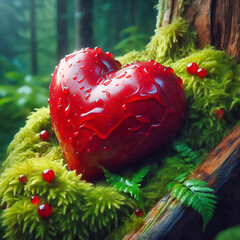 Bright red heart on lush moss in a mystical forest landscape. A symbol of love