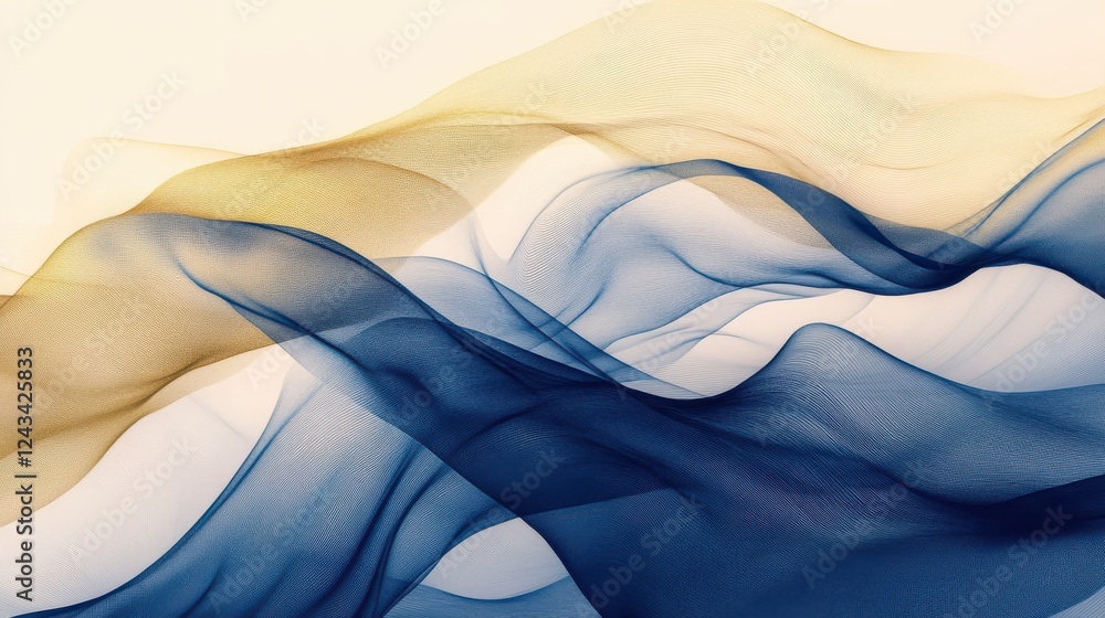 Poster soft flowing lines create a harmonious dance of muted gold and indigo in an abstract composition