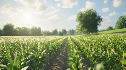 Sunlit cornfield rows, rural landscape, summer day, agriculture